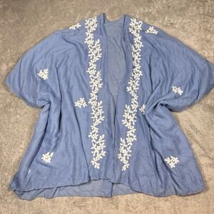 Janice Apparel Blue Embroidered Kimono Cardigan One Size Boho Floral Viscose